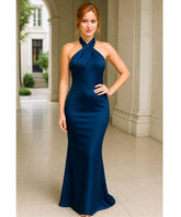 Comprar vestido de festa longo em cetim azul marinho com decote halter e costas abertas com laço elegante para eventos noturnos e casamentos em promoção ANELLIMN